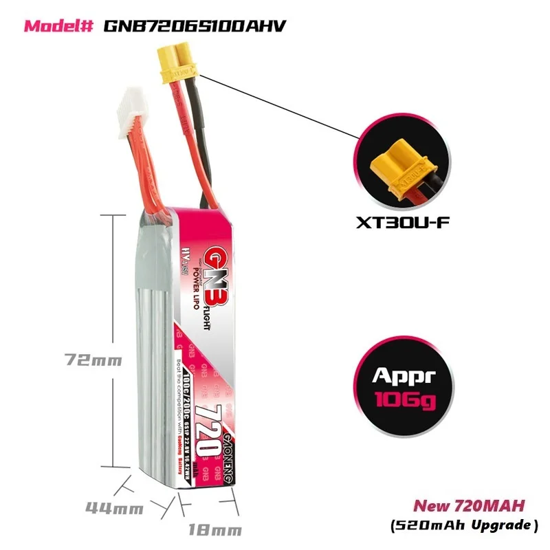 GAONENG-bater&iacute;a Lipo con enchufe de XT30U-F para control remoto, Kit de marco de Tinywhoop, piezas de repuesto, GNB, 22,8 V, 720mAh, 6S, 100C/200C, HV, 1-5 uds.-1
