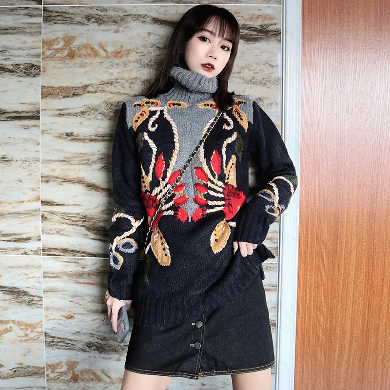 Женский трикотажный свитер с цветочной вышивкой теплый вязаный пуловер