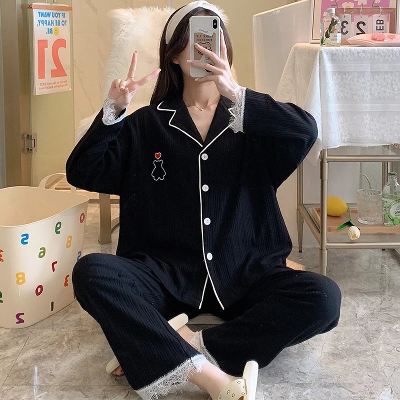 

Пижама женская из 2 предметов, новая пижама из чистого хлопка с длинным рукавом и милым черным медведем, весна-осень 2021