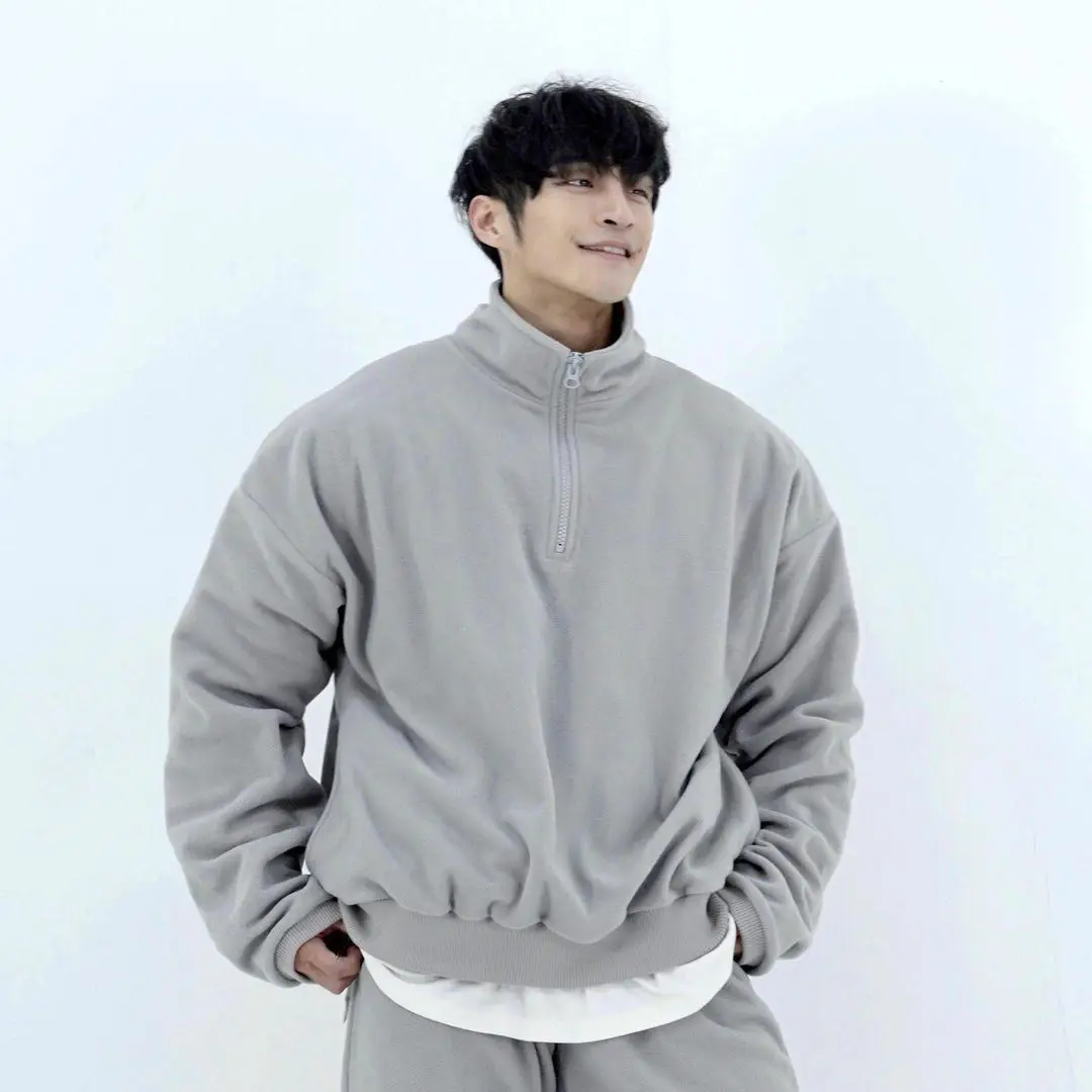 

Autumn/winter thickened sport sweatshirt with plush standing collar Polo shirt loose large size embroidered shoulder coat