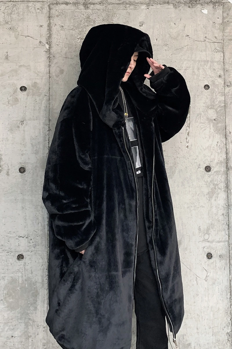 Mens Winter Thick Puffer Jackets for Teens Gothic Clothing Japanese Fashion Trends Faux Rabbit Fur Long Coat Harajuku Streetwear