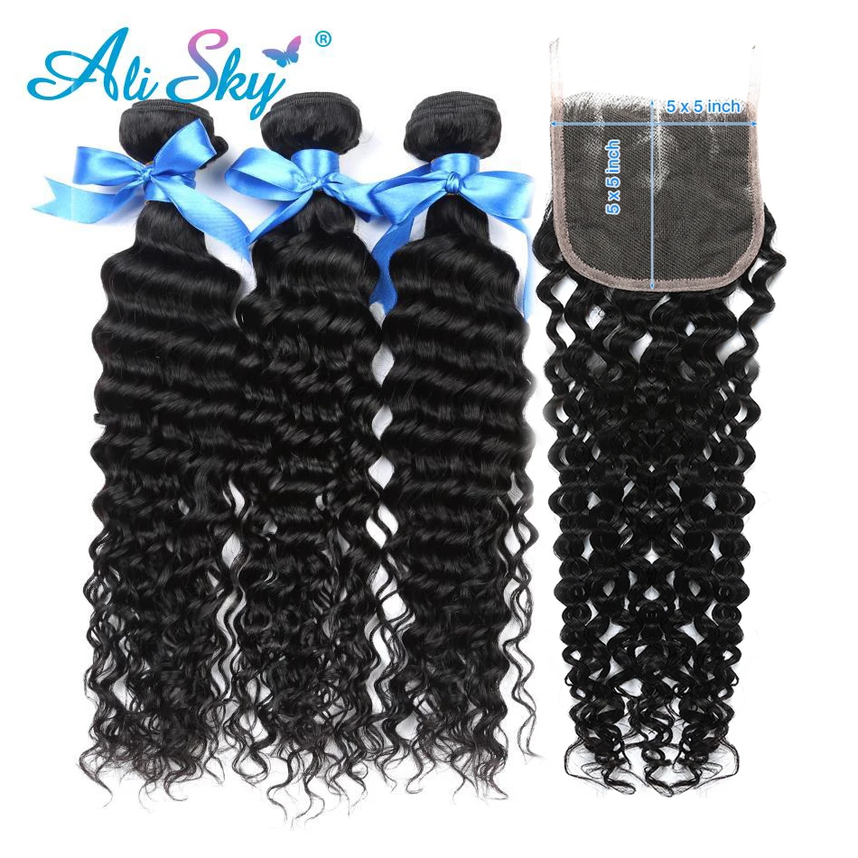 

Alisky Hair Brazilian Deep Curly 3/4 Bundles With A 5x5 Closure Remy Hair Extension Weave Human Hair Bundles With Closure
