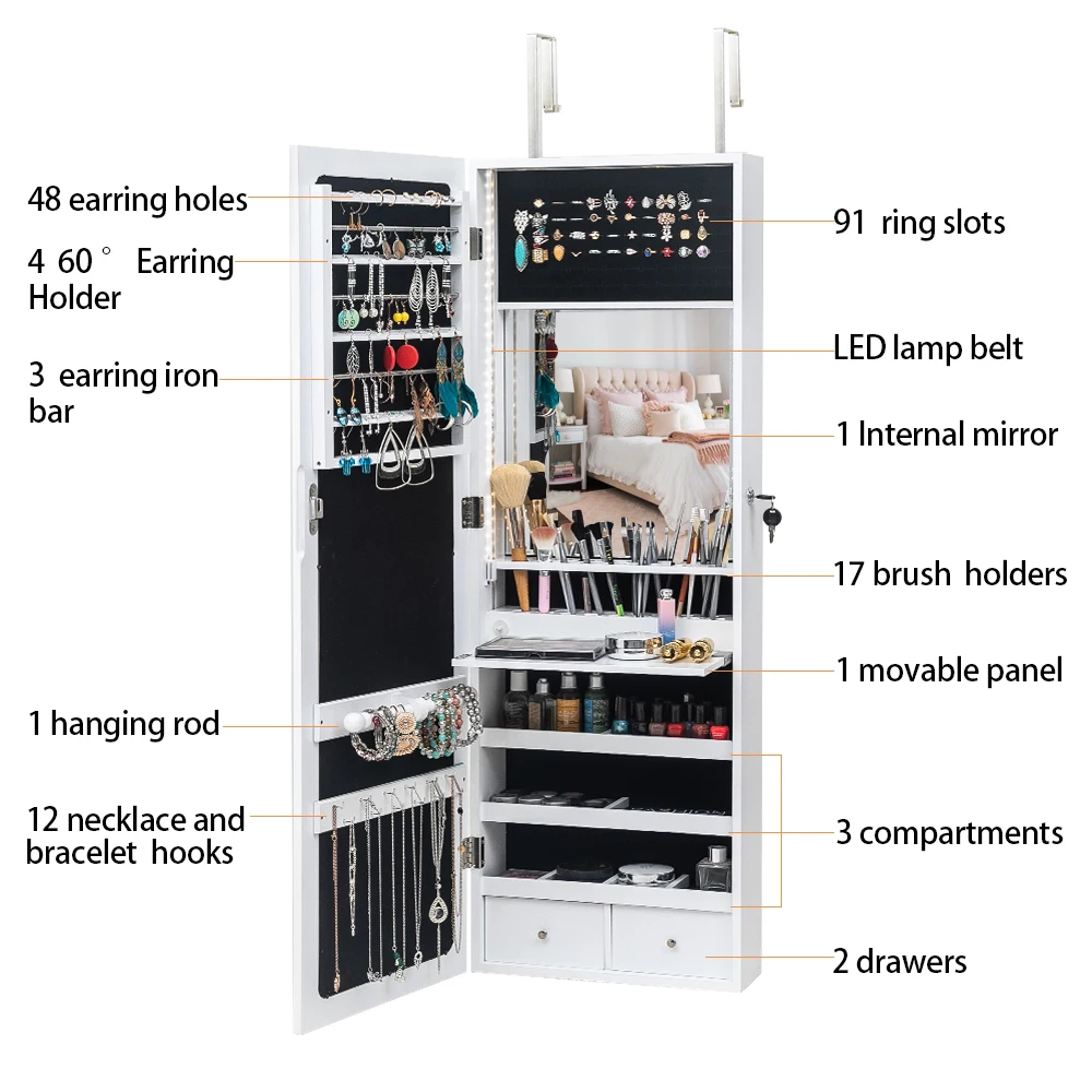 

Non Full Mirror Wooden Wall Hanging 3-Layer Shelf 95 White LED Lights With Interior Mirror, Jewelry Storage Mirror Cabinet