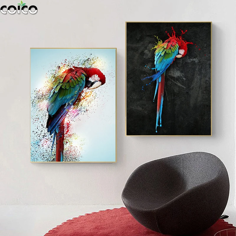 

Watercolor Graffiti Parrot Poster with Frame Wall Art Canvas Painting Abstract Animal Bird Colorful Print Home Decor Oil Picture