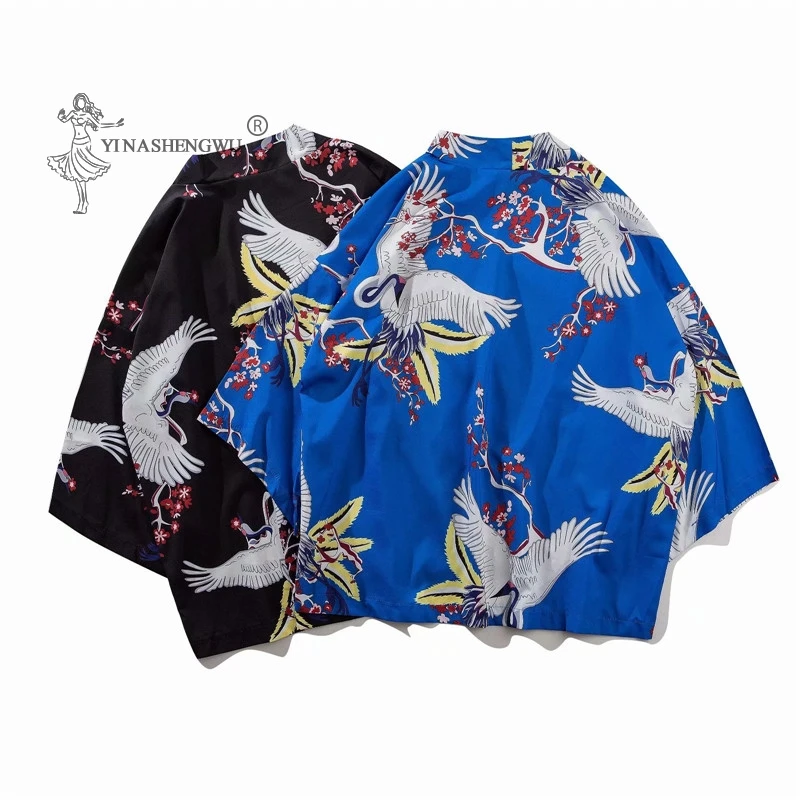 

Японский кардиган Kimonos с принтом журавль, мужские свободные рубашки Haori, Женский самурайский стиль, Китайская традиционная куртка, одежда ...