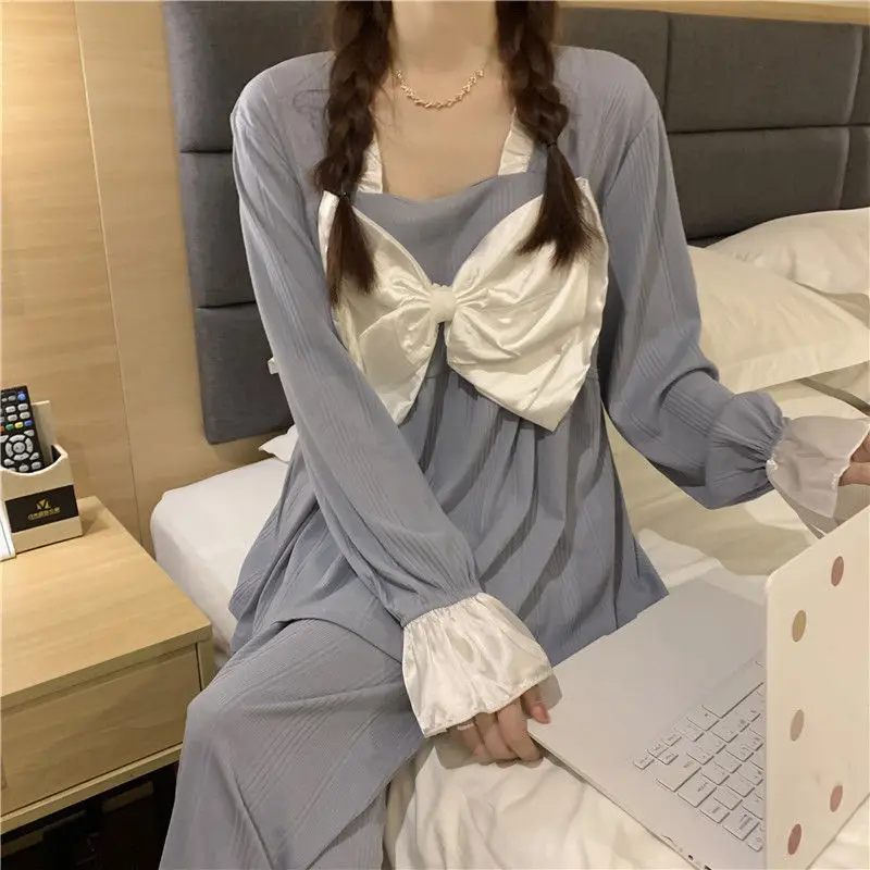 QWEEK Pajamas for Women Solid Color Square Collar Bow Pijamas Flared Sleeves Pyjamas Sleepwear Spring Autumn Home Clothes Cute