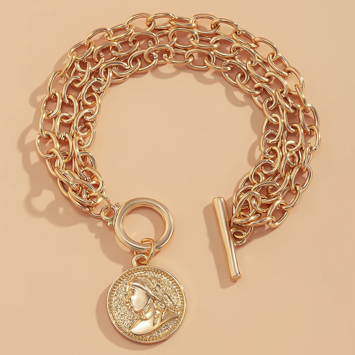 

2021 Gold Color Charm Chain Bracelets for Women Men Portrait Coin Pendant Alloy Bracelets Bangles Korean Fashion Couple Jewelry