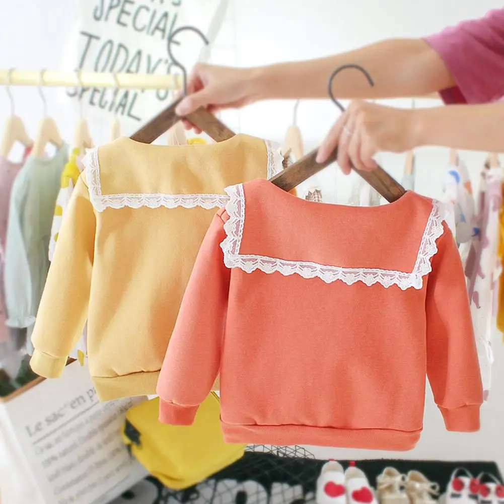 Baby Girl Kids Doll Collar Sweatershirt Cotton Warm Long-Sleeves Preppy Buttons Stitching Tops Korean Lovely Clothes