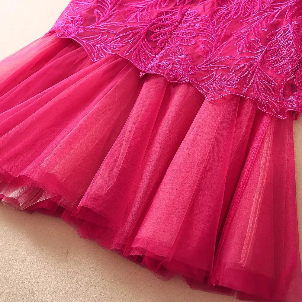 

AELESEEN Spring Summer Women Embroidery Dress Runway Fashion Sleeveless Dress Flower Mesh Ruffles Long New Year Dress