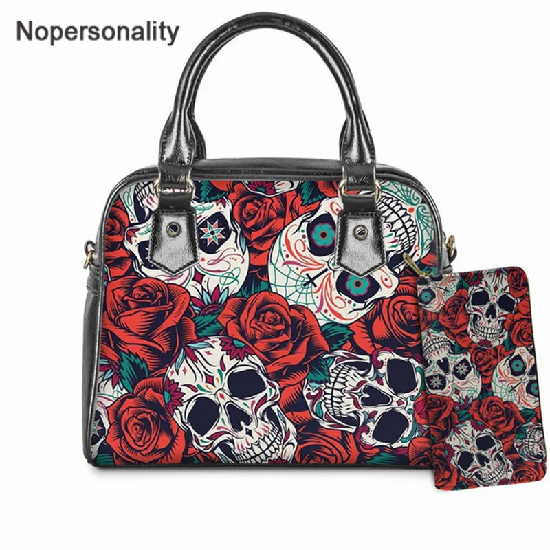 

Nopersonality Brand Design Vintage Skull With Flower Print PU Handbag for Women 2Pcs/Set Tote Shoulder Bag&Wallet Crossbody Bag
