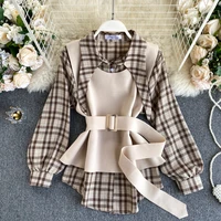2020 new fashion womens clothing full plaid turn down collar shirts shirt and blouse two piece vest