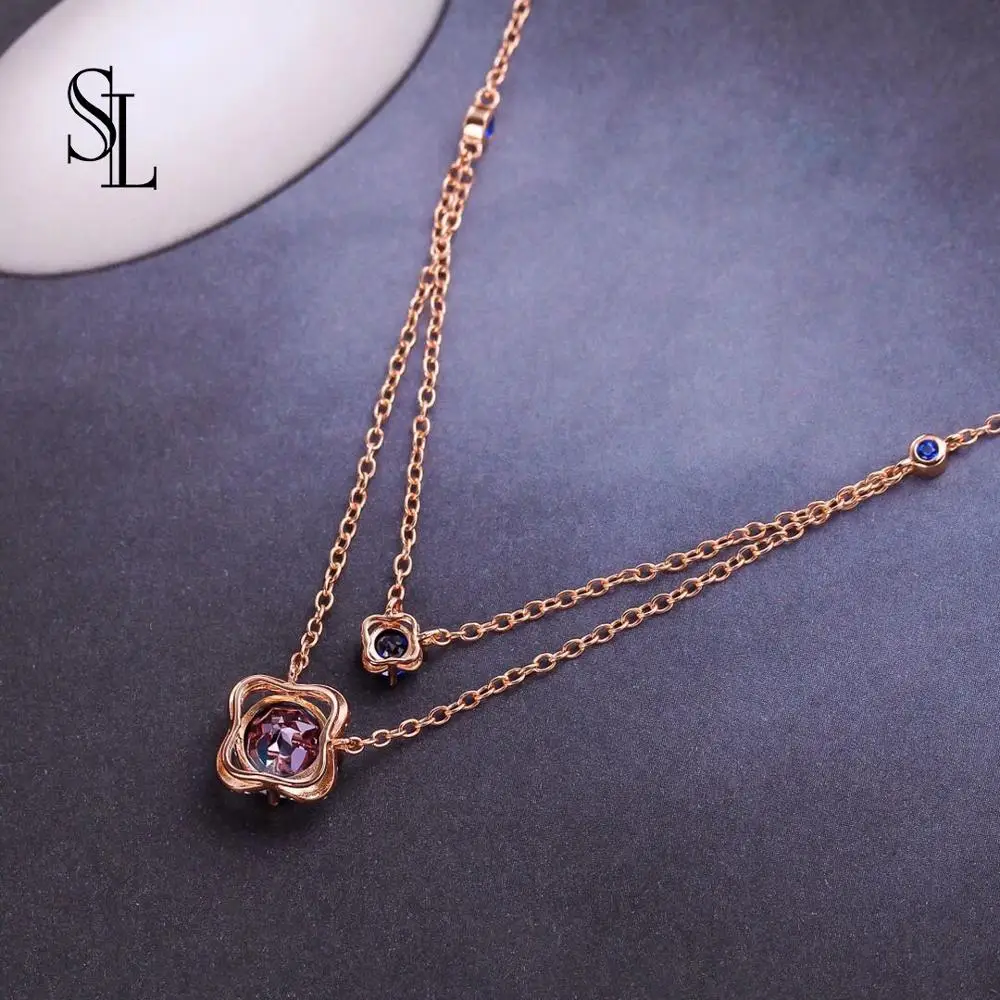 

SL Double Chain Topaz Necklace Jewelry For Women Gift Natural8MM Tazanite Color Blue Topaz Stone 925 Sterling Silver Fine Jewell
