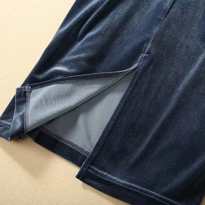 

High Quality Velvet 2020 Spring Autumn Vestidos Women O-Neck Belt Patchwork Split Sexy Dark Grey Blue Dress Clothing Femme