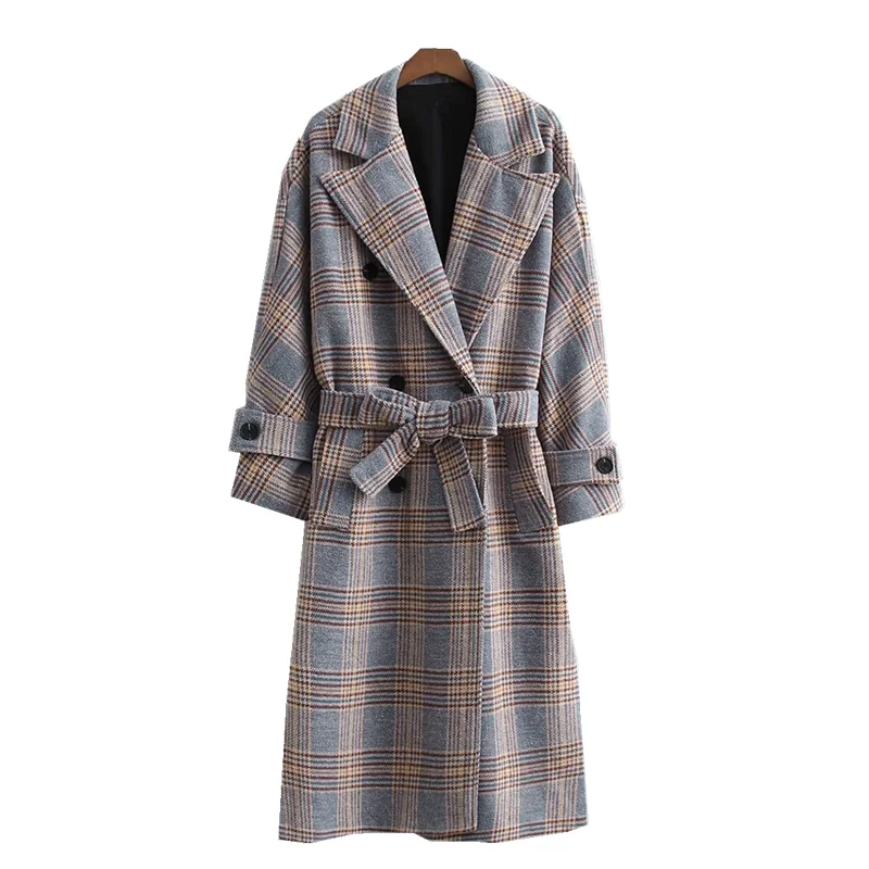 

ZXQJ Elegant Women Plaid Long Thick Coat 2021 Fashion Ladies Turn Down Collar Outerwear Causal Female Double Breasted Coats