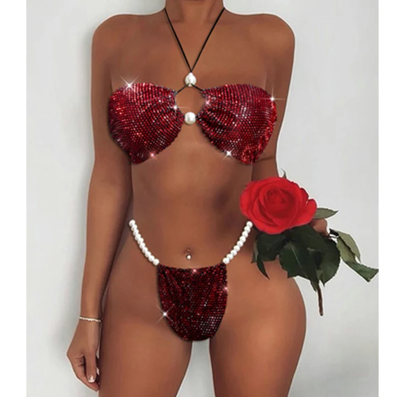 

2021 Sale Summer Sexy Bikini Set Women Halter Diamond Split Swimsuit Two Pieces Push Up Bandeau Thong Brazilian Biquini Swimwear