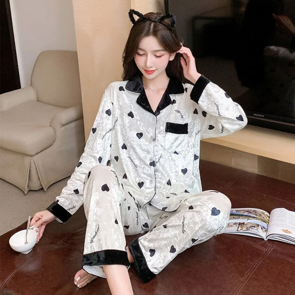 Gold Velvet Pajamas for Women Autumn and Winter Diamond Velvet Long-sleeved Sweet and Cute Home Service Suit Women's Pajamas Set