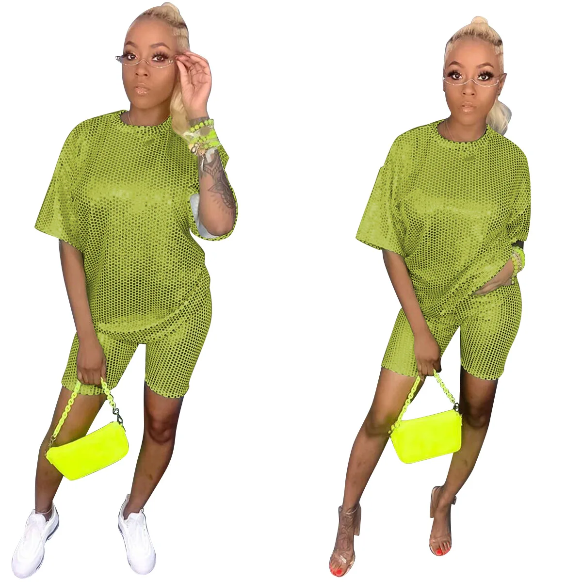 Новый осенний позолоченный Клетчатый Женский комплект футболка с коротким