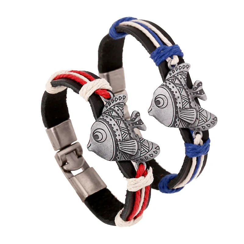 Плетеный браслет на запястье из натуральной кожи с подвеской в виде рыбьей кости