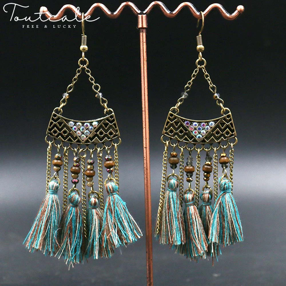 

TOUTCALE 2020 Indian Female Vintage Ethnic Boho Chain Pendant Tassel Long Drop Earrings For Women Bride Girl Jewelry Accessories
