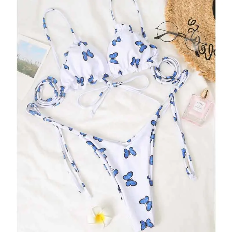 

Bandeau ButterFly Print Ruffle Frilled Thong Bikini 2020 Women Swimwear Female Swimsuit Micro String Bikini set Bathing Suit