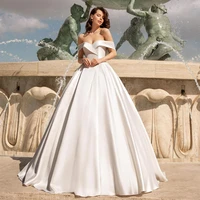 uzn simple ball gown wedding dress sweetheart off the shoulder short sleeves satin bridal dress beading belt brides dress