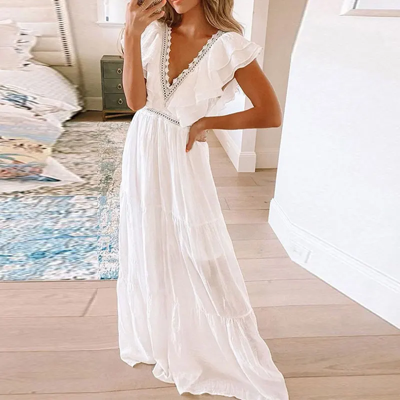 

Mesh Lace White Women Dress Summer 2021 Sleeve Deep V-Neck Sexy Floor-Length Female Dresses A-Line High Waist Casual Streetwear
