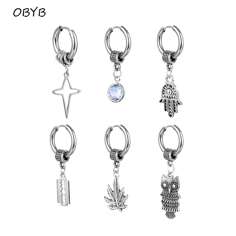 

Gethic Fatima Hand Pendant Punk Round Cartilage Stainless Steel Earrings For Women Men Piercing Religious Belief Stud Earrings