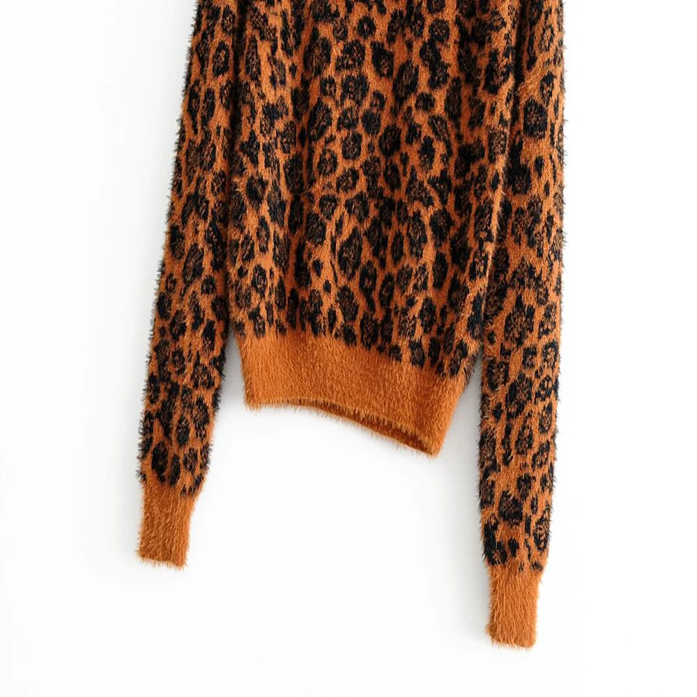 za 2019 new fashion women casual tops cotton winter long sleeves with 0-collar pullover Leopard print sweaters | Женская одежда