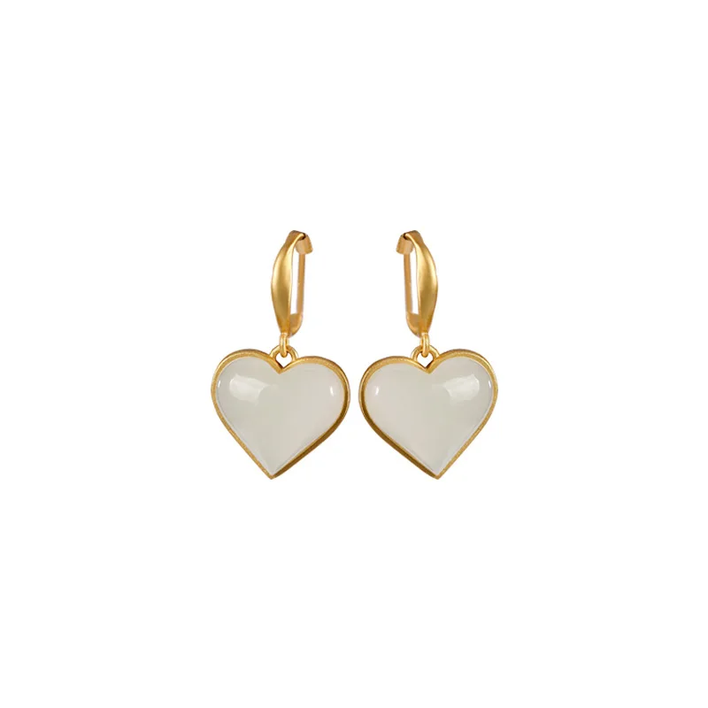 

S925 sterling silver gold-plated natural Hetian jade ear studs personality light extravagant love heart-shaped Lady