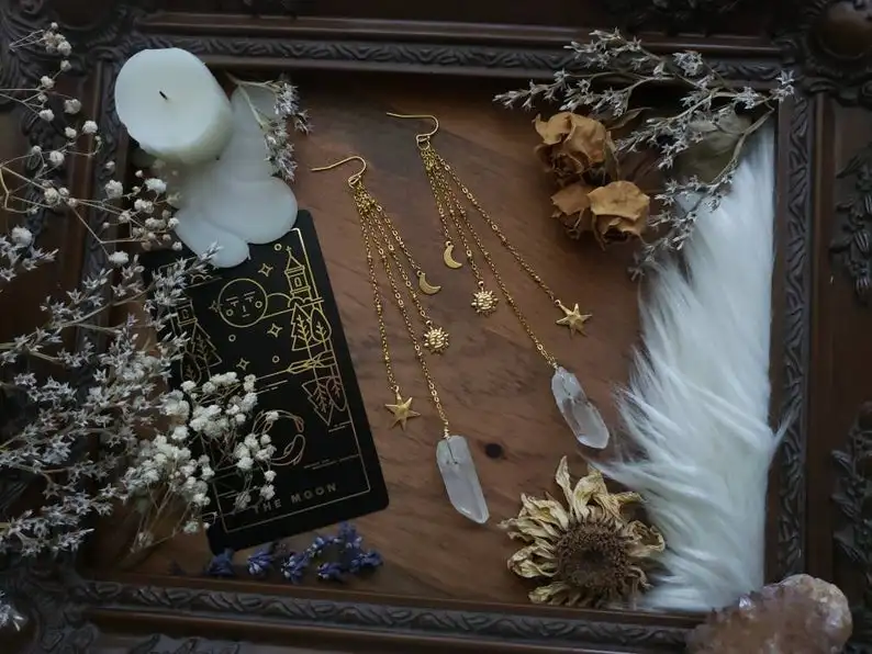 Серьги elestial Sun Moon звезда и кварц латунь солнце звезды луна бохо небесное