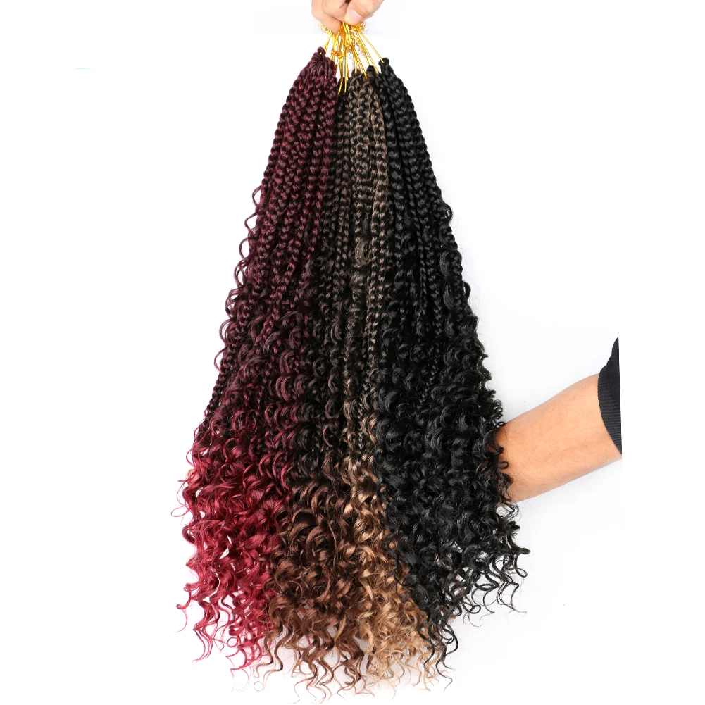 

Ombre Goddess Box Braids Crochet Hair with Curly Ends 18" Natural Synthetic Crochet Braid Long Bohemian Braiding Hair Extensions