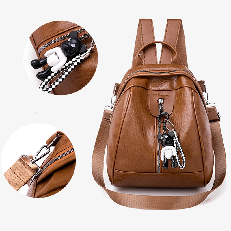 Модный уличный женский кожаный рюкзак с подвеской в виде медведя уличная