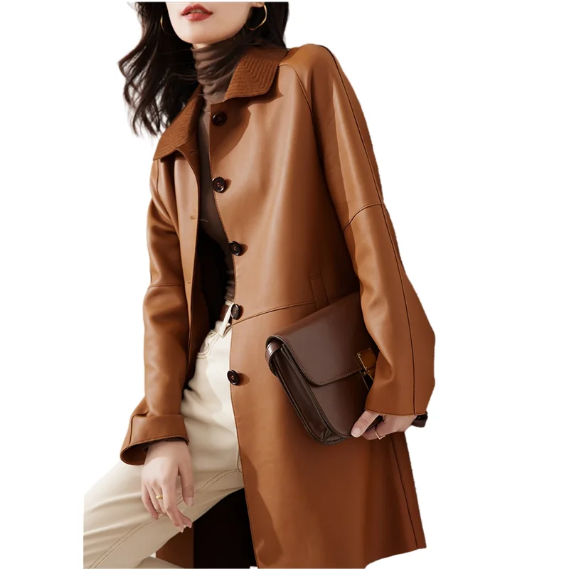 Leather Coat Women's Spring Autumn Mid Length Trench Genuine Coat OL Fashion Sheepskin Jacket Lapel Collar Belt