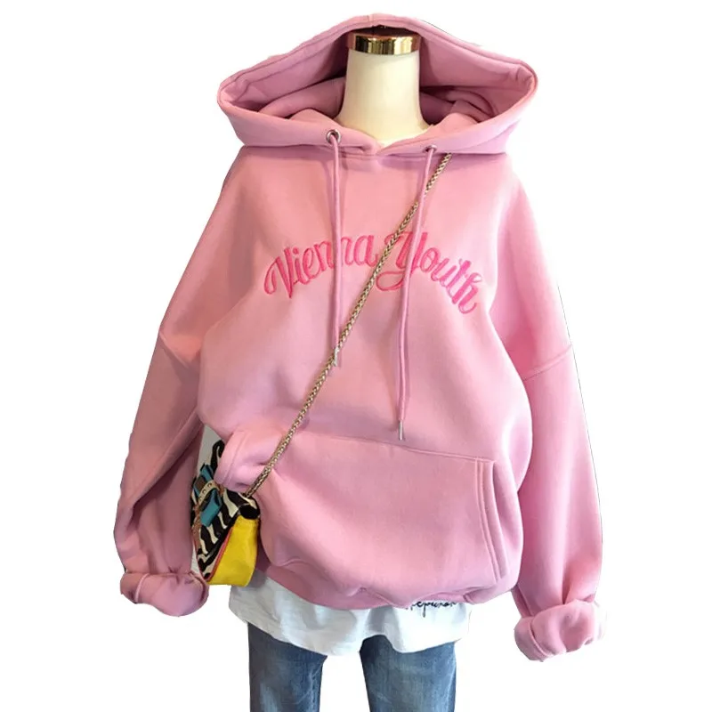 Осень зима 2020 Женская толстовка с вышитыми надписями утепленная бархатная