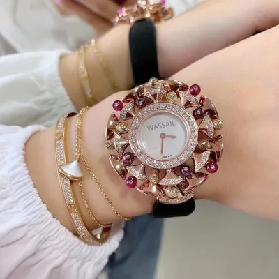 Звездные шипованные жемчужные и fritilia bv инкрустация технология Цвет драгоценный камень розовое золото часы модный тренд женские кварцевые часы - Цвет: rose golden black