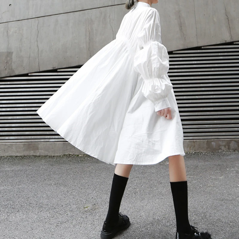 

Sexy Spring summer Dress Women Fashion solid hipster irregular pleated Button Long lantern sleeve dress Vestidos Robe Femme 2020