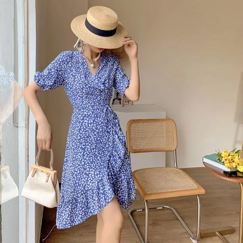 

Sexy V-Neck Ruffle Short Sleeve Beach Short Dress Women Floral Casual Summer Print Dresses Vintage Belt Lace-Up Female Vestidos
