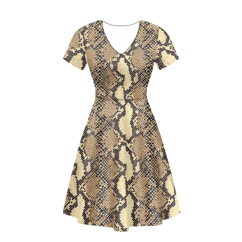 

Женское платье миди под змеиную кожу, с коротким рукавом и V-образным вырезом