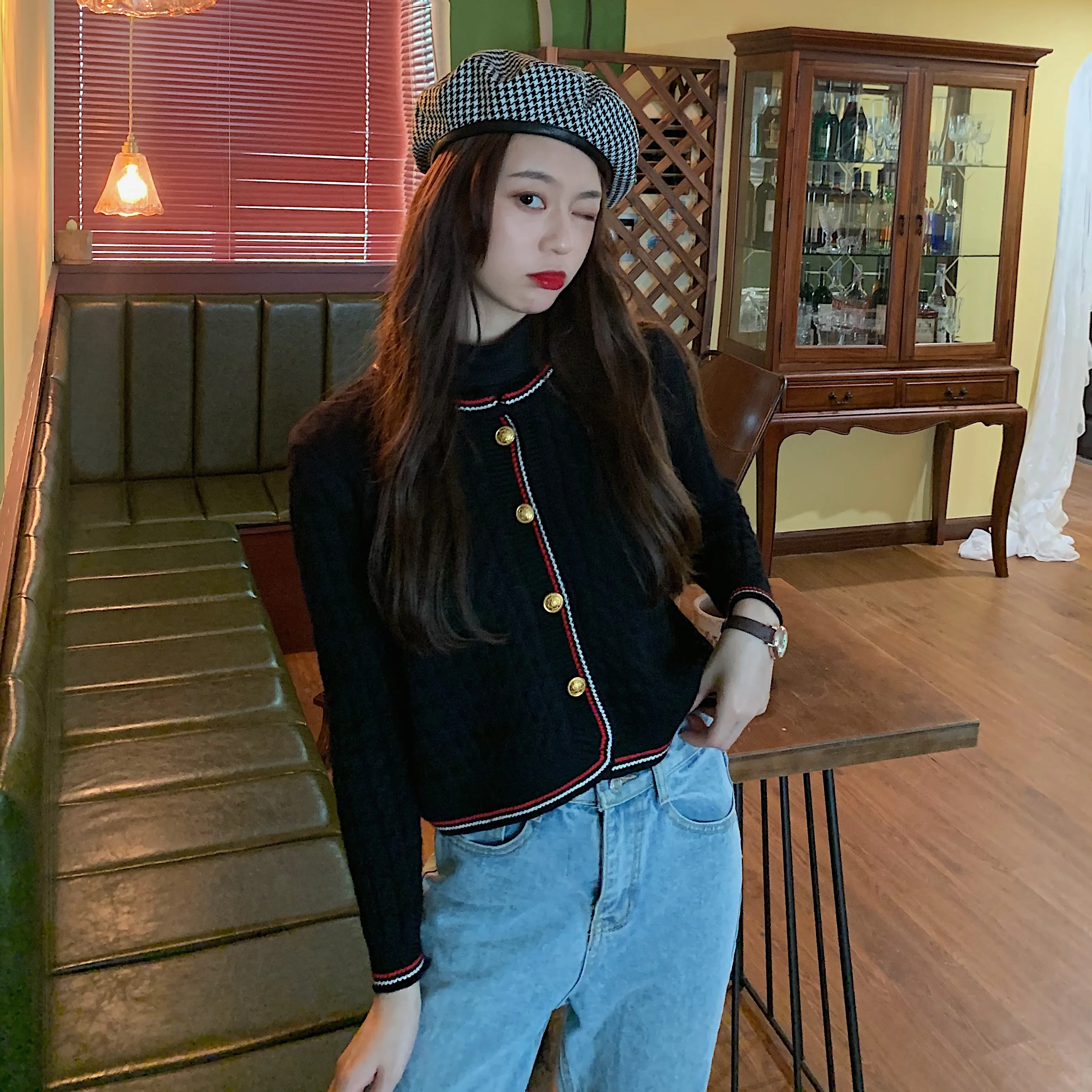 

2020 Korean Fashion Elegant Striped Single Breasted Long Sleeve Sweater Coat Knitted Cardigan Knitwear Tops Sweet Woman Sweaters
