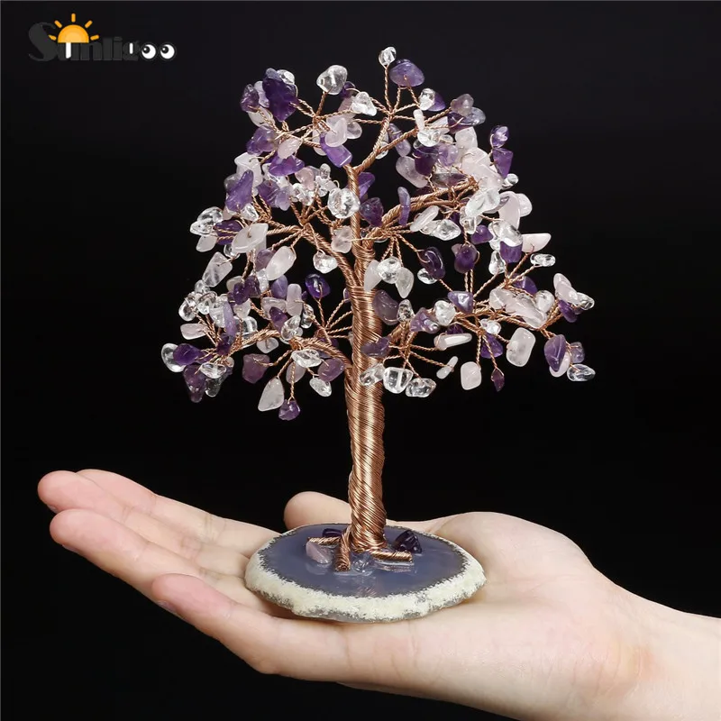 1x Mixed Stone 2 Sunligoo 1x сушильный камень денежное дерево фэн-шуй украшения кристалл драгоценный камень Дерево жизни фигурки и Агат ломтик домашний декор подставка - Цвет: 1x Mixed Stone 2