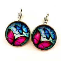 1 pairs butterfly silver earring lovely cartoon glass round dome drop earrings for female wood earrings jewelry