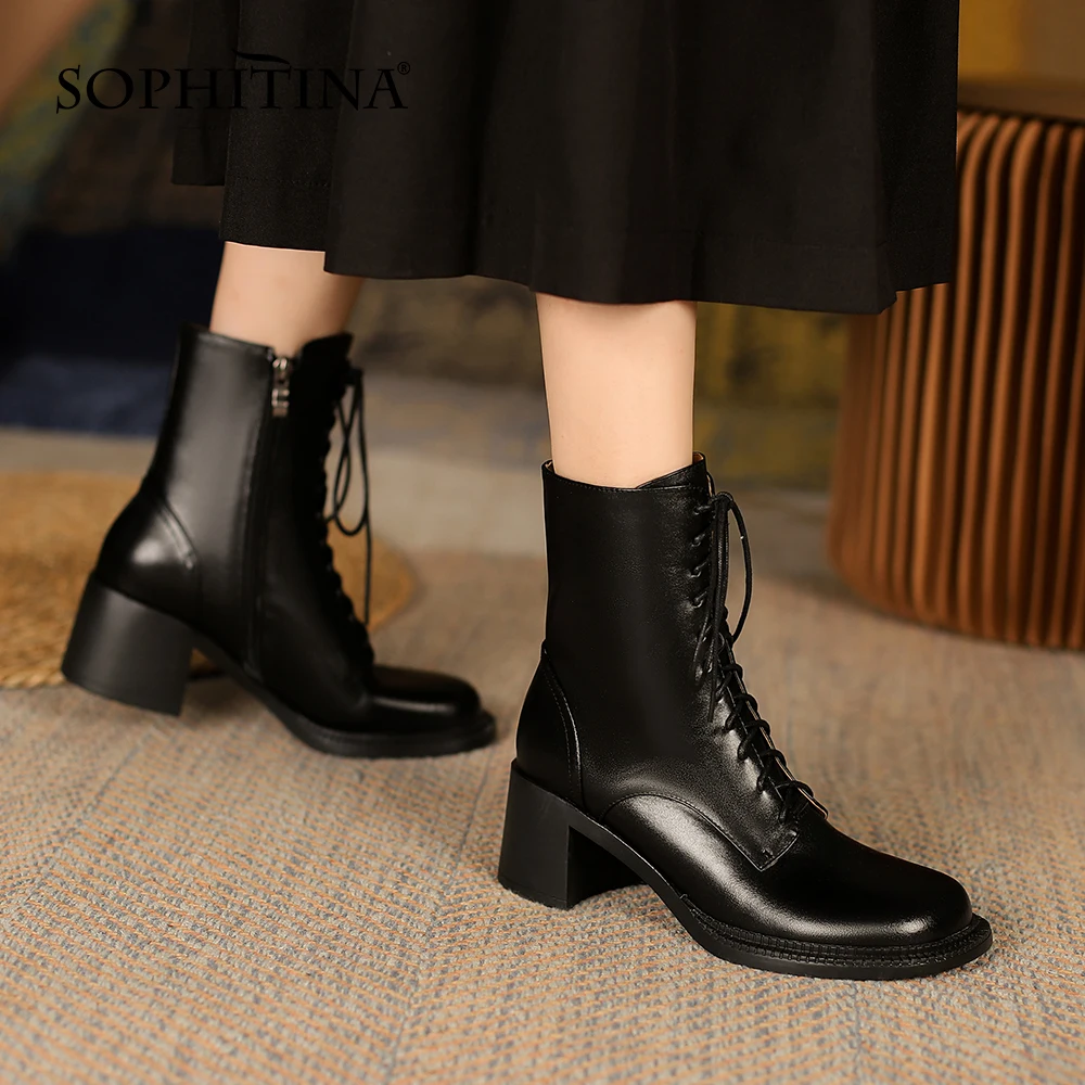 

SOPHITINA Fashion Ankle Boots Genuine Leather Round Toe Square Heel Zipper Boots Concise Lace-up Commute Office Lady Shoes HO362