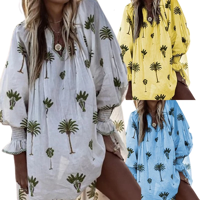 

Baggy Summer Dress Plus Size Women 5xl Lantern Sleeve Dress Tree Print Sukienka Fashion Loose Casual V Neck Dress Beach Vacation