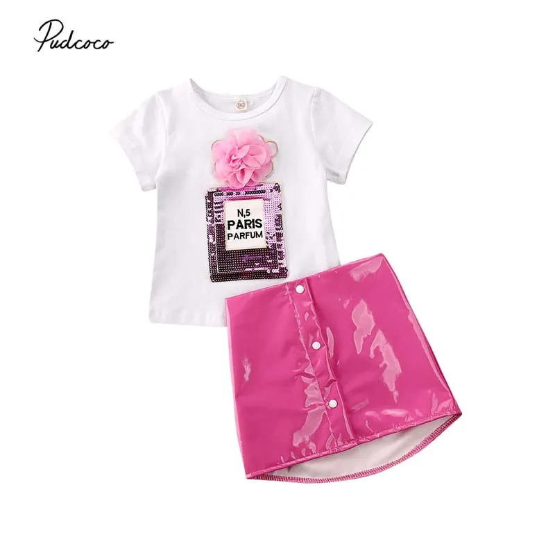 2020 Новая мода 3D цветок футболки кожаная юбка одежда для девочек От 0 до 5 лет