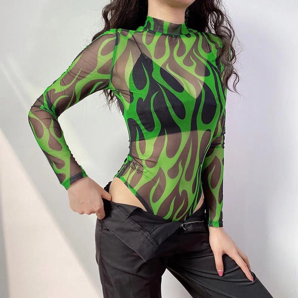 2020 Весенняя женская футболка Прозрачная Сетчатая с длинными рукавами Клубная