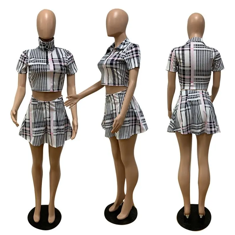 

TNNAOFF Aesthetic Plaid Two Piece Set for Women Short Sleeve T Shirt Summer Sexy Mini Pleated Skirt Lounge Wear Matching Set