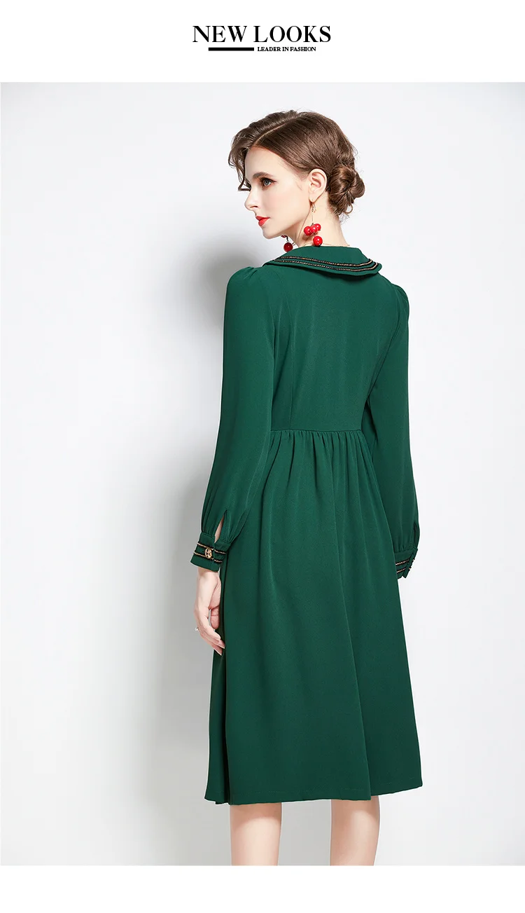 

Women Spring & Autumn Elegant Dress Festa High Quality Vintage Office Party Robe Femme Designer Casual Green Vestidos