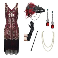 1920s retro sequin tassel dress pin bead tassel dress party dinner dress with accessories