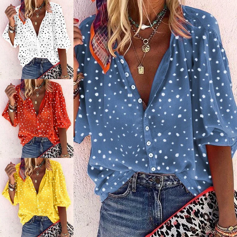 

Summer Ladies Pure Color Polka Dot Printed Puff Sleeve Top Lapel Single-breasted Sleeve Chiffon T-shirt For Women New Tees