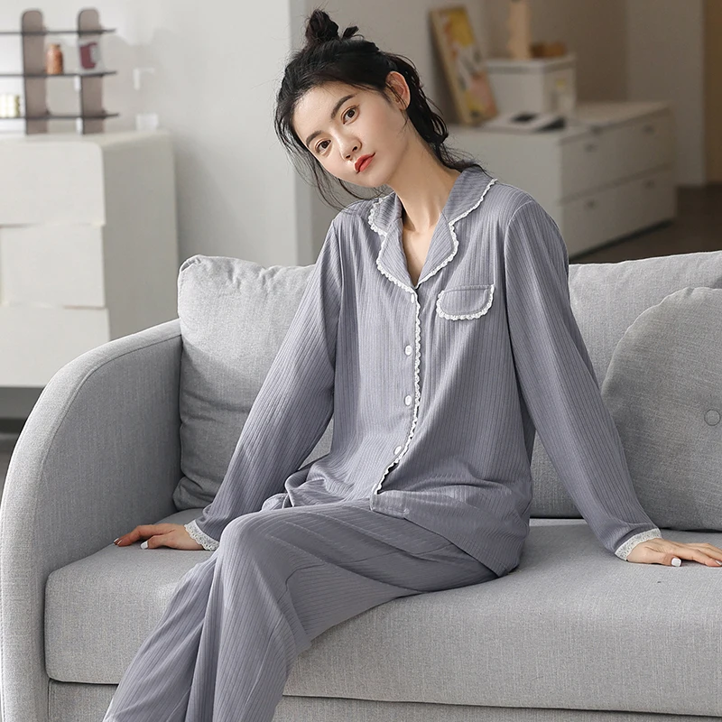 

Новый весенне-осенний женский пижамный комплект из 100% хлопка, женская одежда для сна с длинным рукавом, женская одежда для сна, одежда для от...
